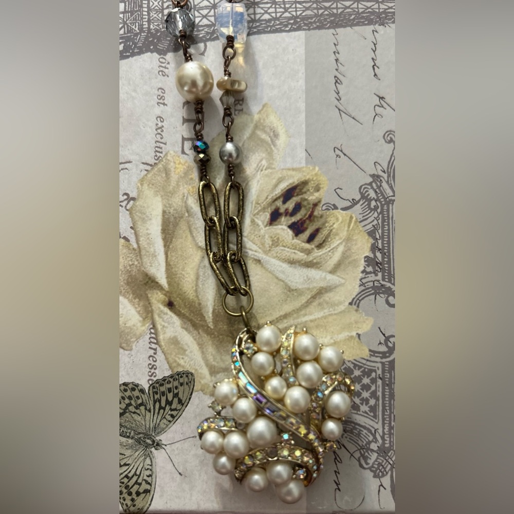 Vintage Repurposed Pearl Brooch and gem beads necklace